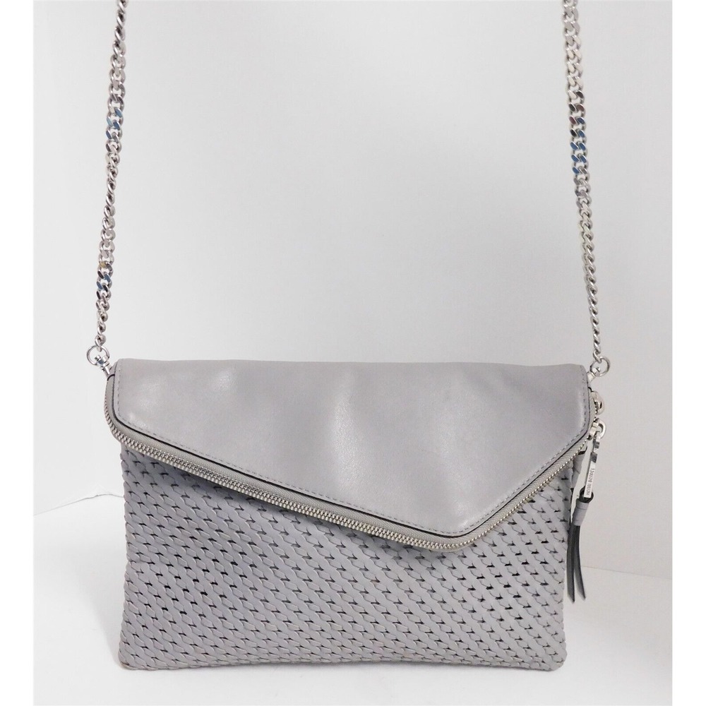 Henri Bendel Gray‎ Woven Leather Silver Chain Crossbody Clutch Bag